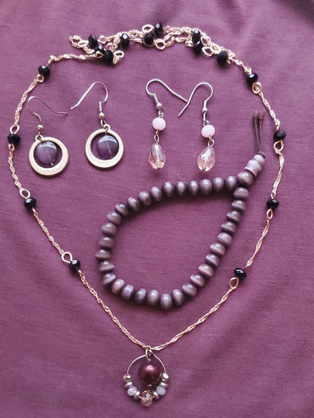 Purple & Pink Polished Bead Hoop Jewelry Set